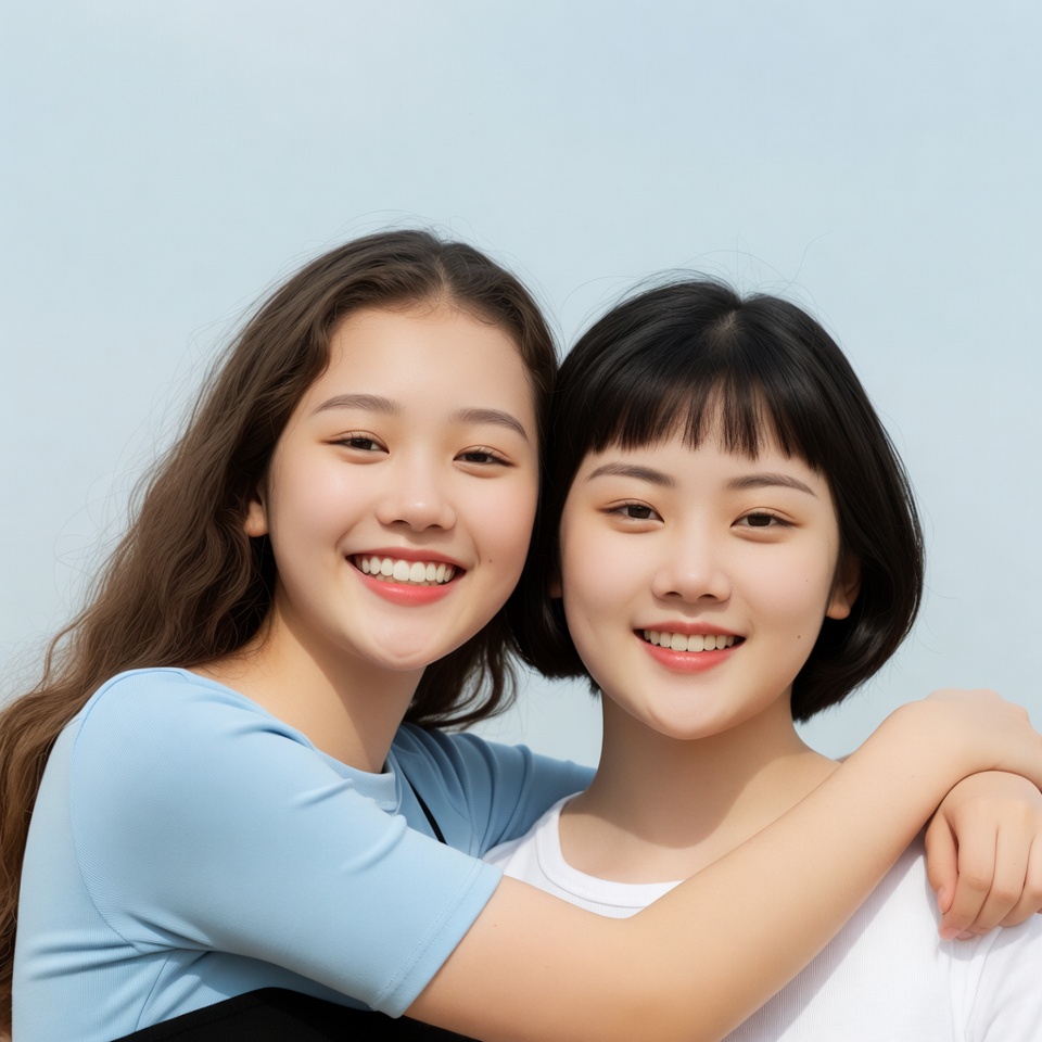 Two Asian girls hugging smiling Two Asian girls hugging smiling