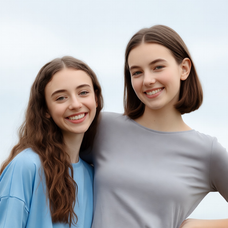 Two smiling teenage girls embracing Two smiling teenage girls embracing