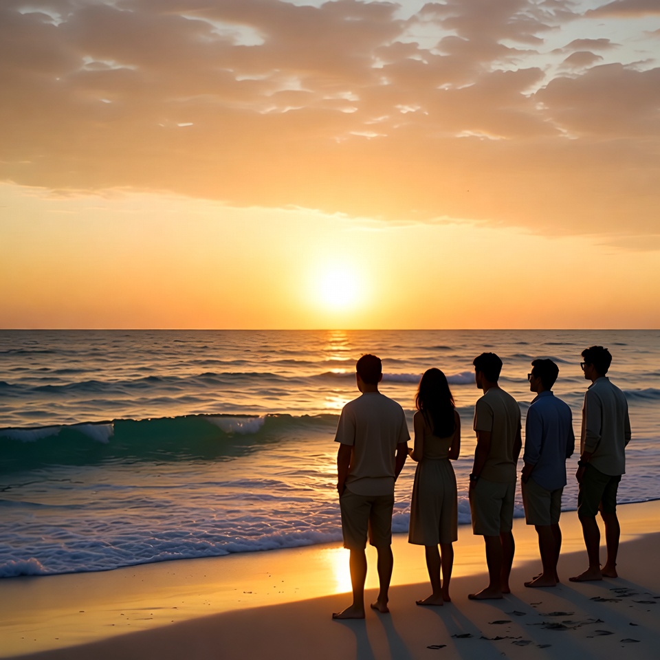 Silhouettes watching sunset on beach Silhouettes watching sunset on beach