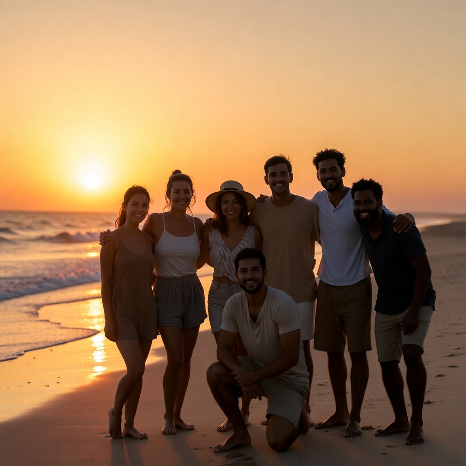 Group smiling at beach sunset Group smiling at beach sunset