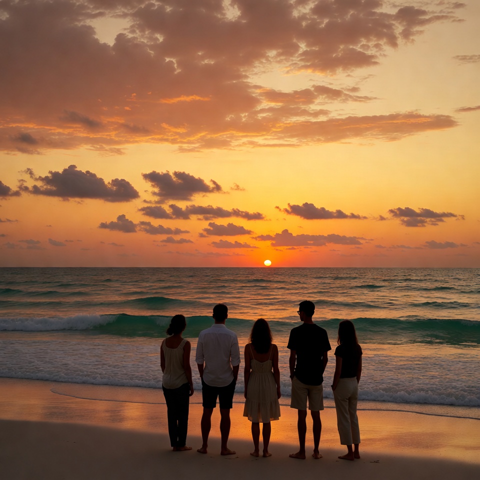 Family watching sunset on beach Family watching sunset on beach