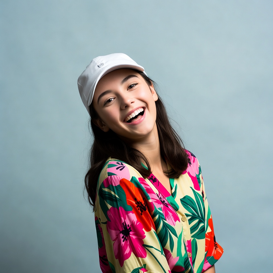 Asian girl smiling in floral shirt cap Asian girl smiling in floral shirt cap