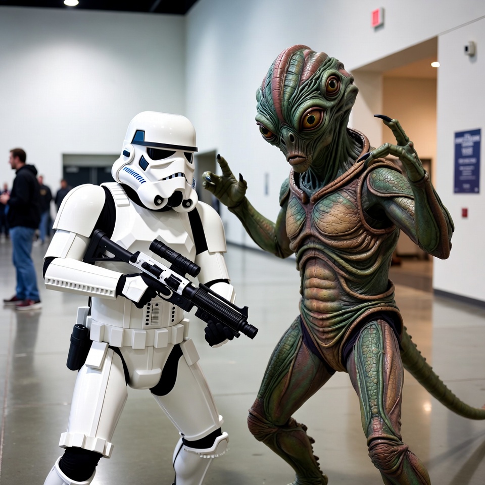 Stormtrooper Posing with Alien Cosplayer Stormtrooper Posing with Alien Cosplayer