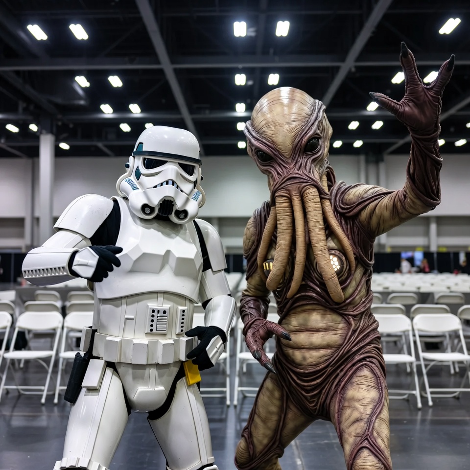 Stormtrooper and Cthulhu Cosplayers at Convention Stormtrooper and Cthulhu Cosplayers at Convention