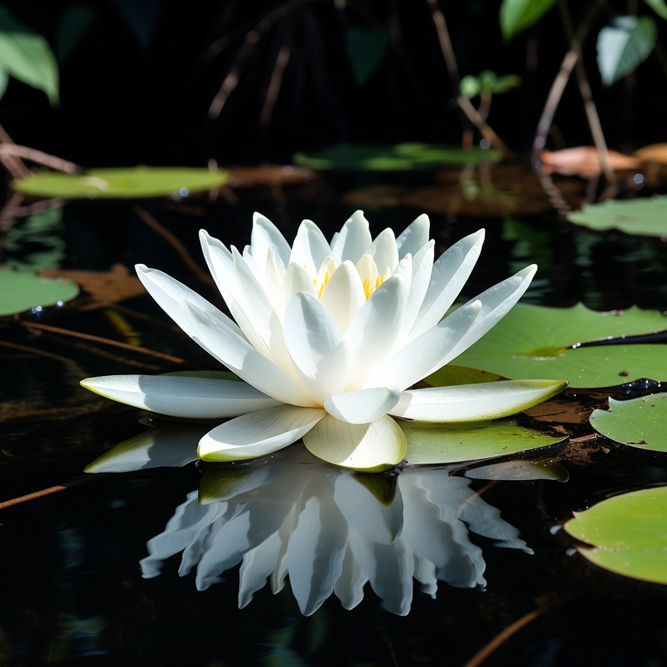 White lotus flower on dark pond White lotus flower on dark pond
