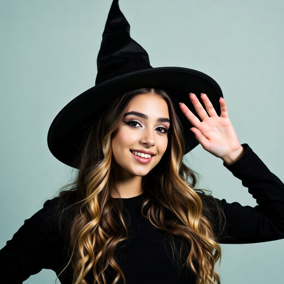 Smiling woman waving in witch hat Smiling woman waving in witch hat