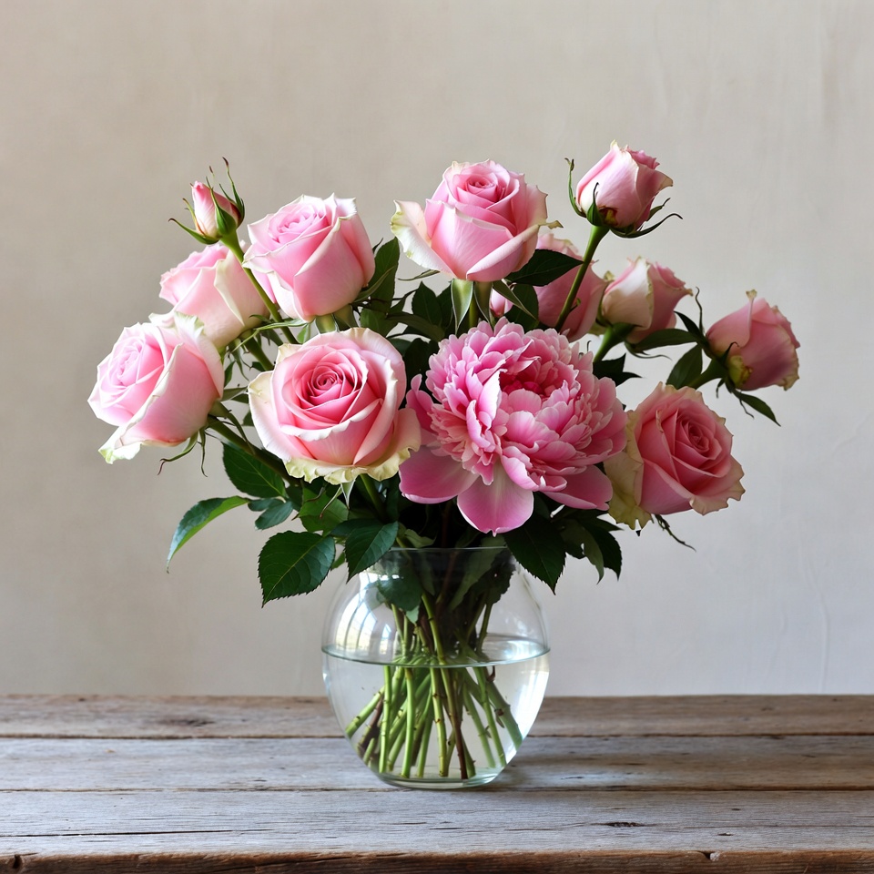 Pink Roses and Peonies in Glass Vase Pink Roses and Peonies in Glass Vase