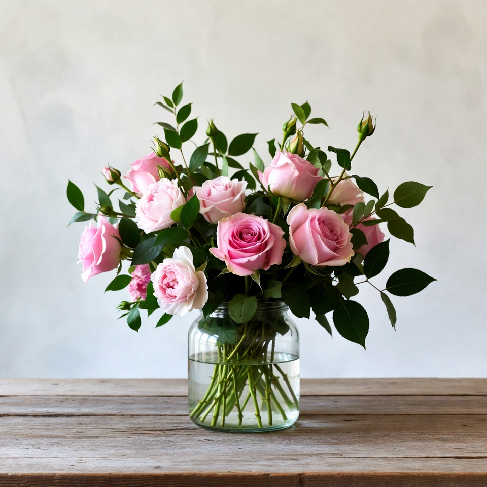 Pink Roses Bouquet in Glass Vase Pink Roses Bouquet in Glass Vase