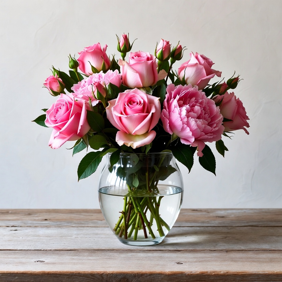 Pink Roses and Peonies in Glass Vase Pink Roses and Peonies in Glass Vase