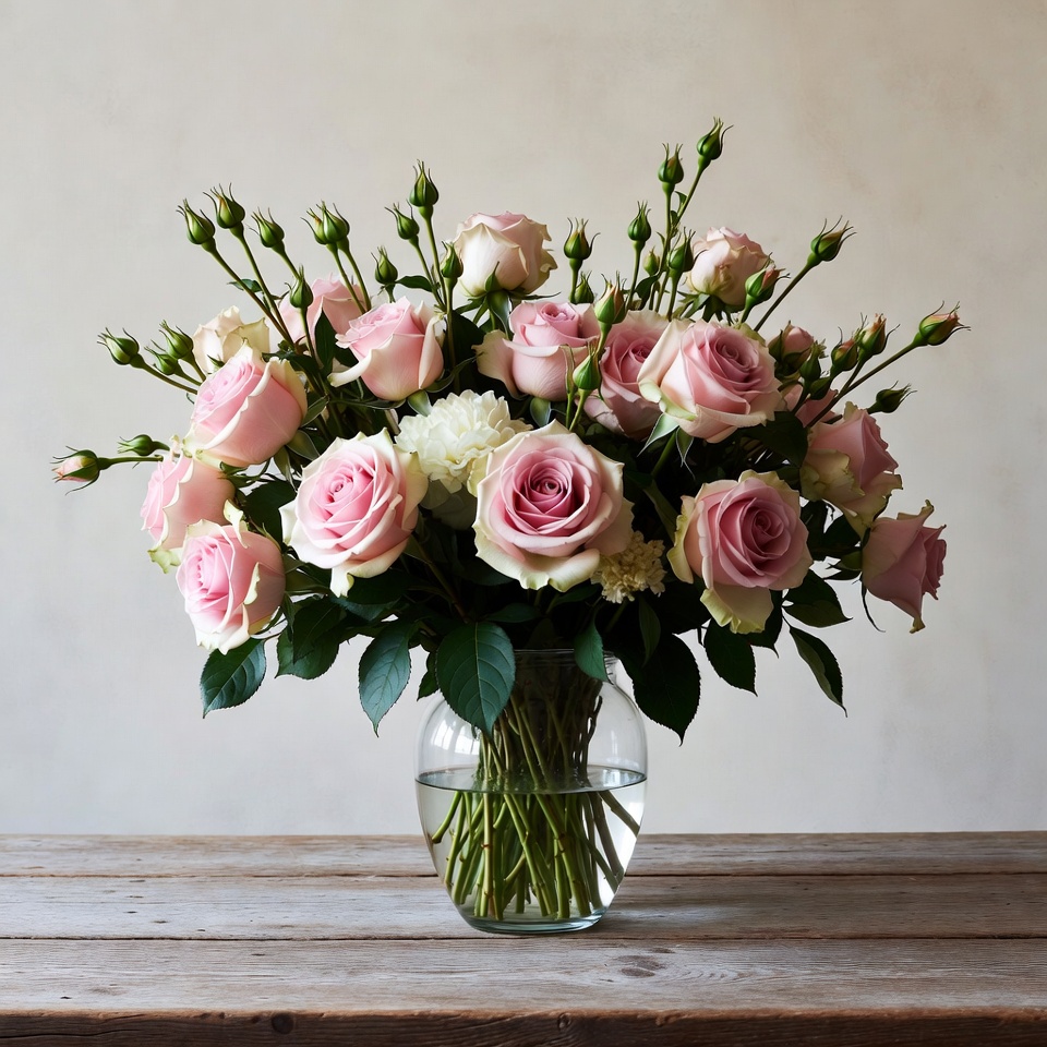 Pink Roses Bouquet in Glass Vase Pink Roses Bouquet in Glass Vase
