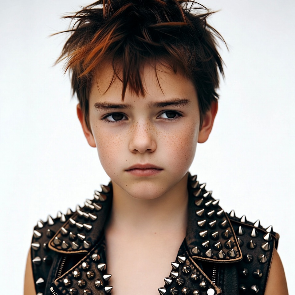 Boy with spiky hair in studded leather vest Boy with spiky hair in studded leather vest