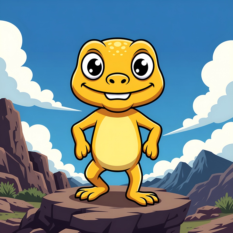 Cartoon yellow gecko on mountain rock Cartoon yellow gecko on mountain rock