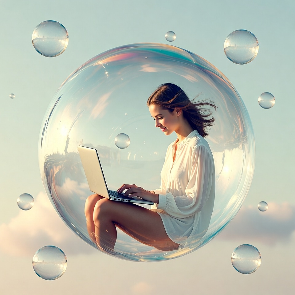 Woman working on laptop in bubble Woman working on laptop in bubble