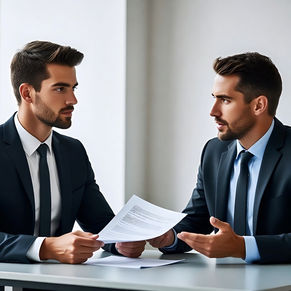 Two businessmen discussing document Two businessmen discussing document