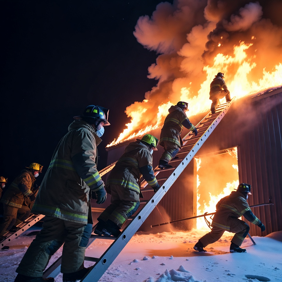 Firefighters Climbing Ladder to Burning Building Firefighters Climbing Ladder to Burning Building