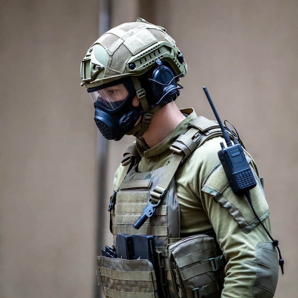 Soldier in tactical gear with gas mask Soldier in tactical gear with gas mask