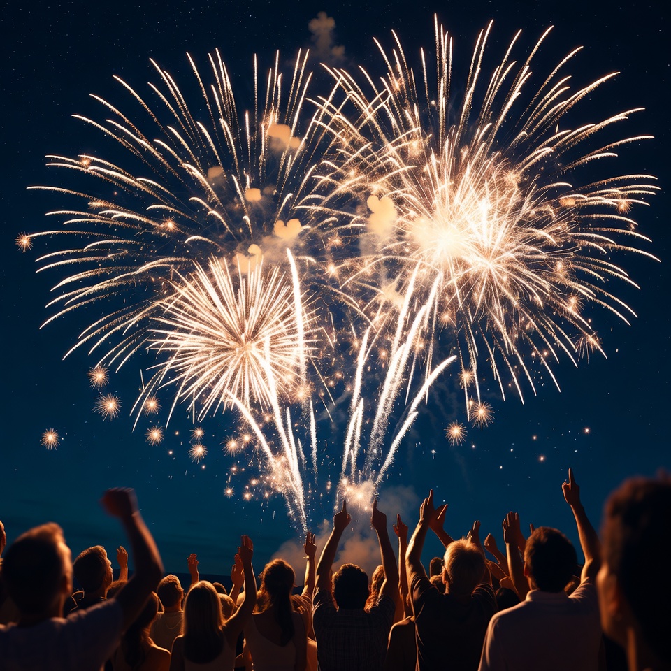 Crowd cheering at fireworks display Crowd cheering at fireworks display