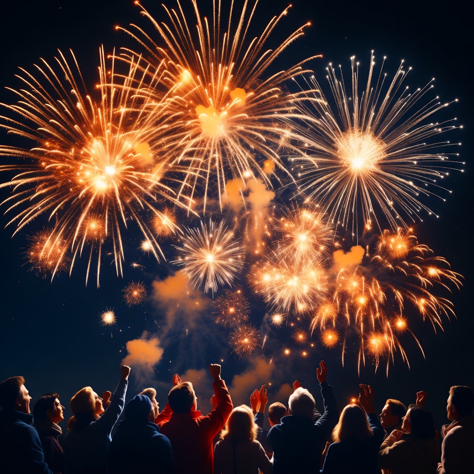 Crowd cheering under fireworks Crowd cheering under fireworks