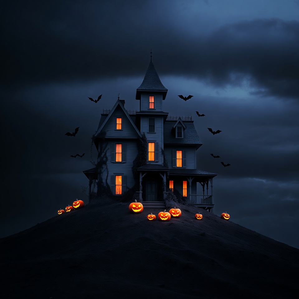 Haunted House with Pumpkins and Bats Haunted House with Pumpkins and Bats