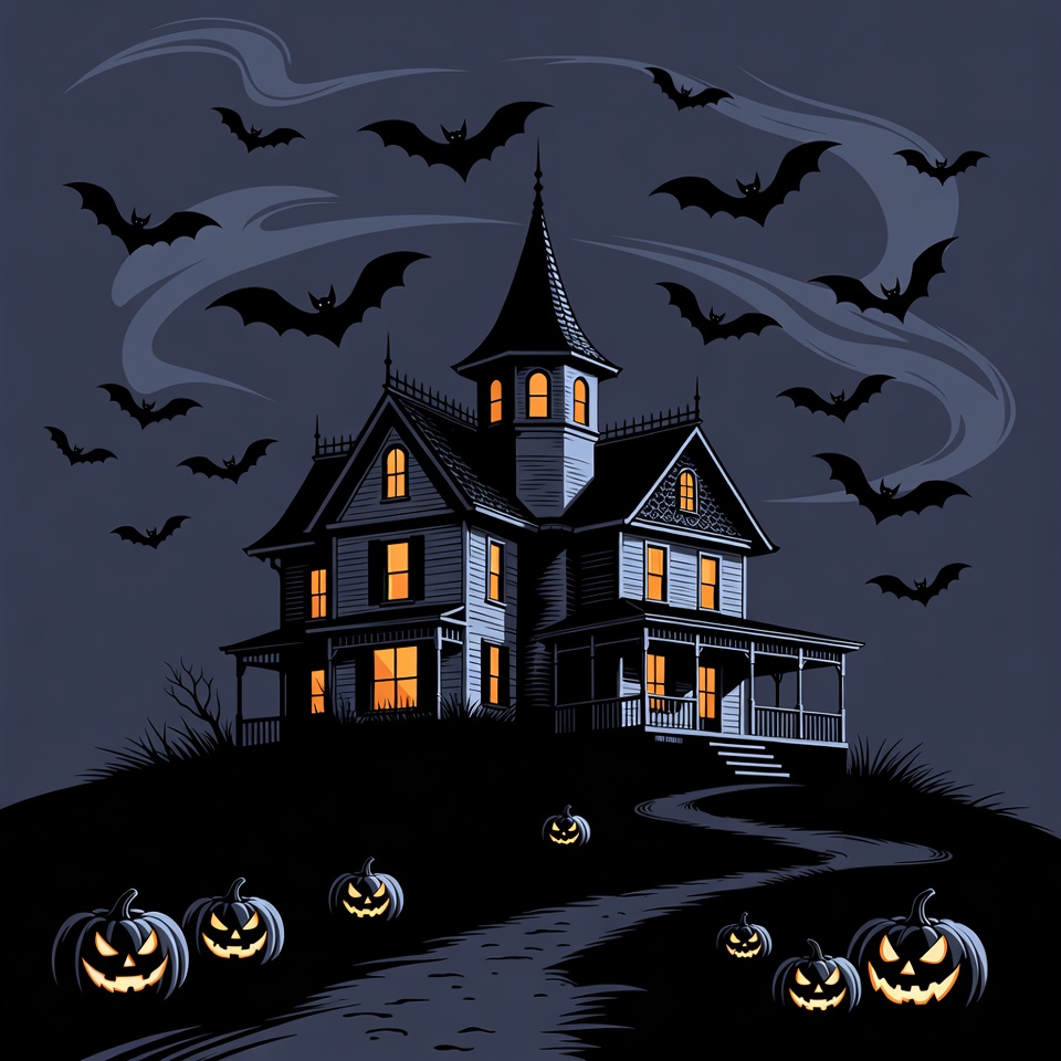 Haunted House with Bats and Pumpkins Haunted House with Bats and Pumpkins