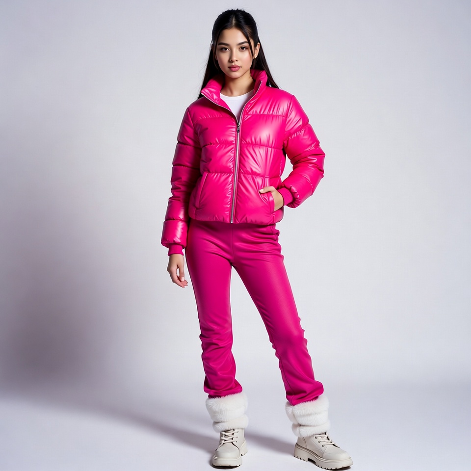 Asian girl in pink puffer jacket Asian girl in pink puffer jacket