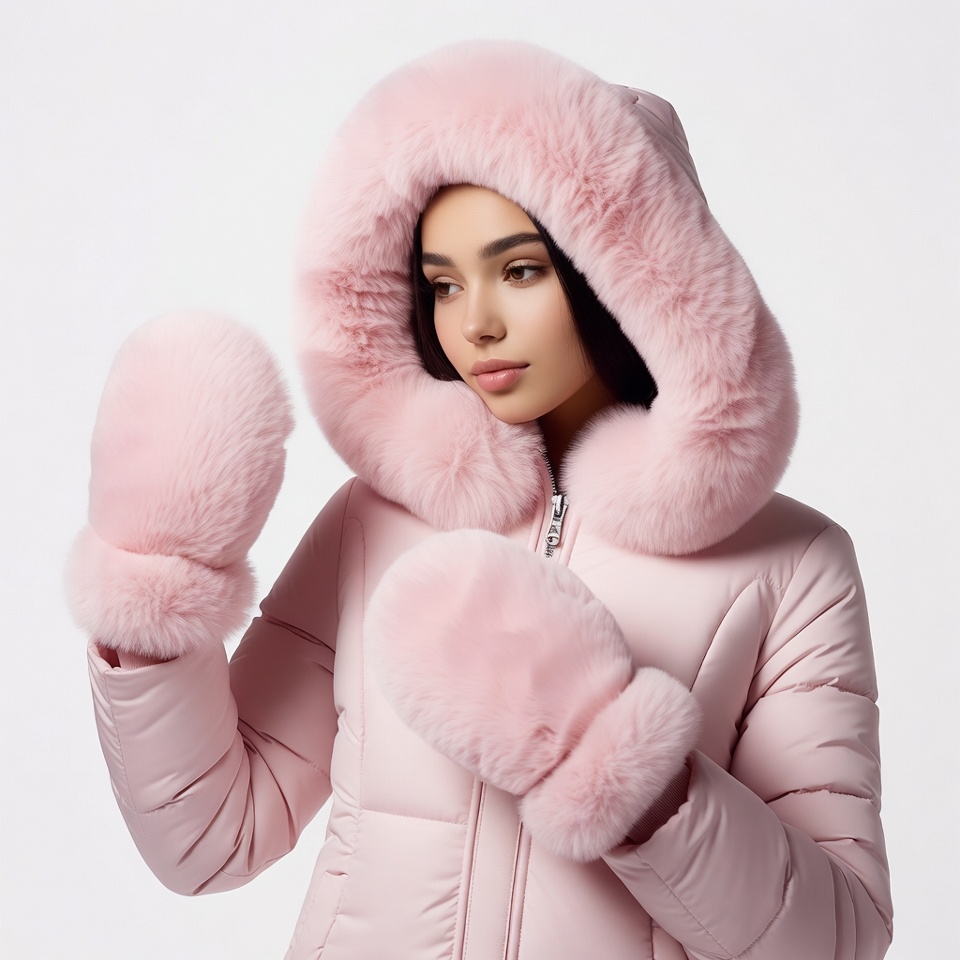 Woman in pink fur hooded jacket Woman in pink fur hooded jacket