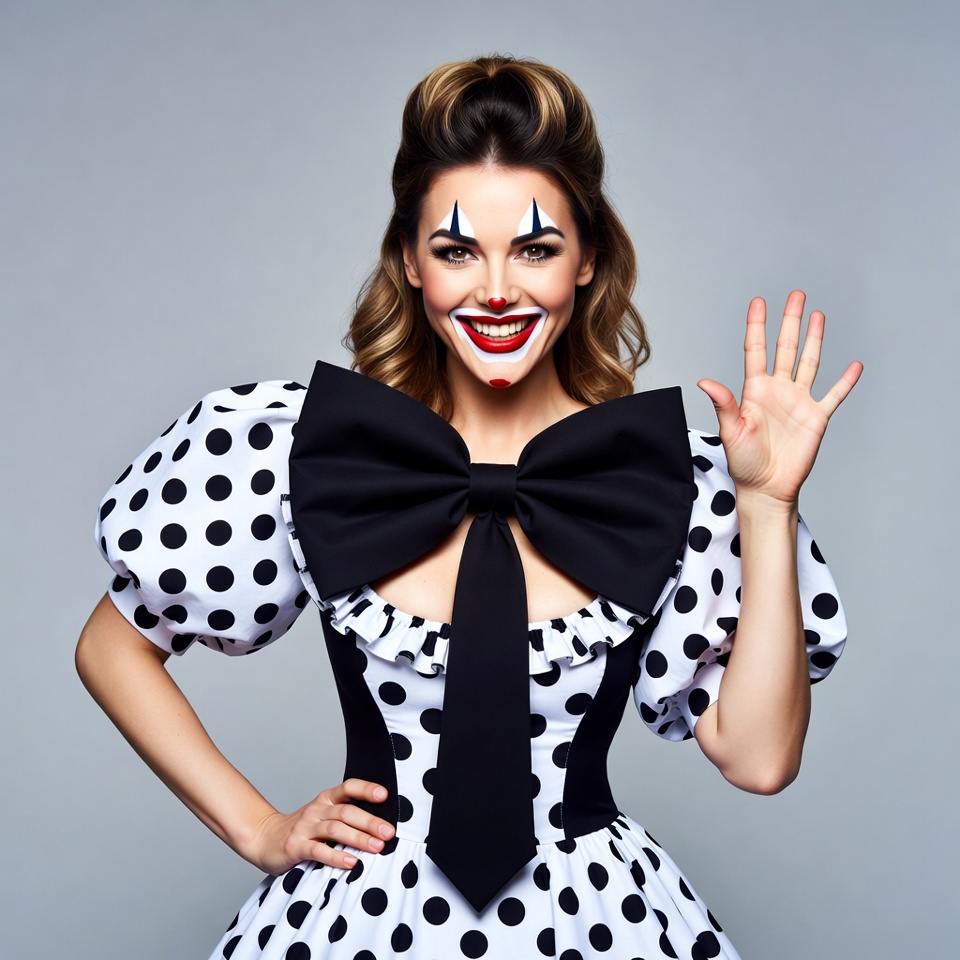 Woman in polka dot clown costume waving Woman in polka dot clown costume waving