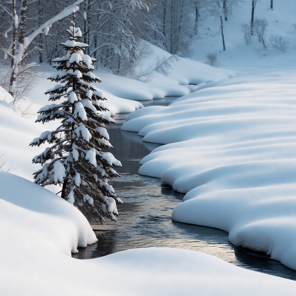 Snowy Pine Tree by Winding Stream Snowy Pine Tree by Winding Stream