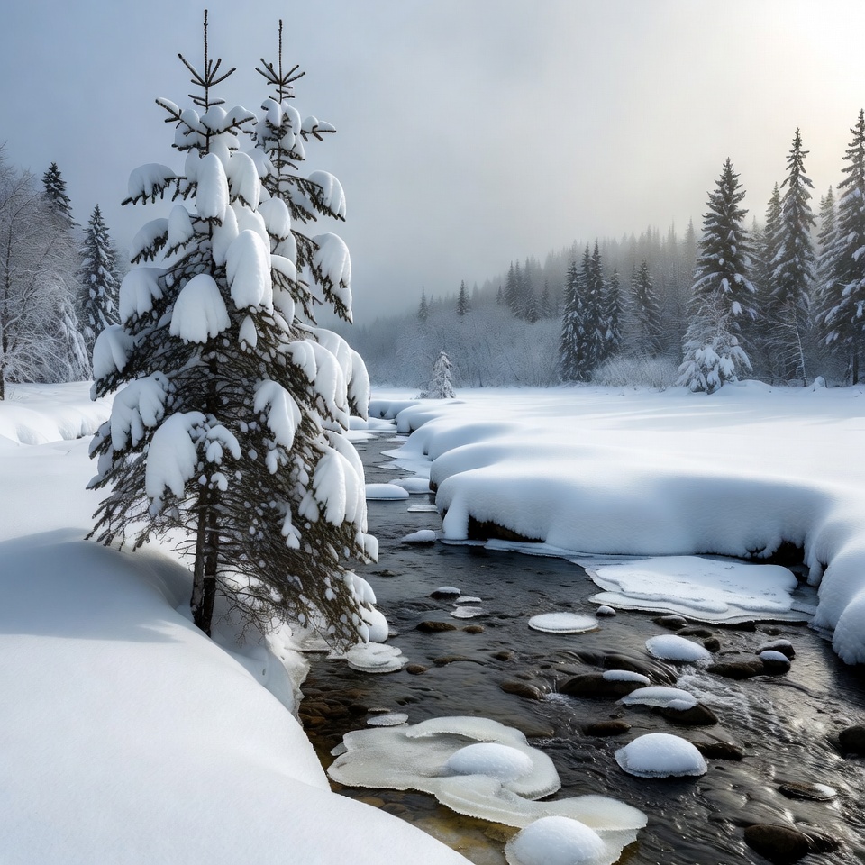 Snowy Trees by Frozen River Snowy Trees by Frozen River