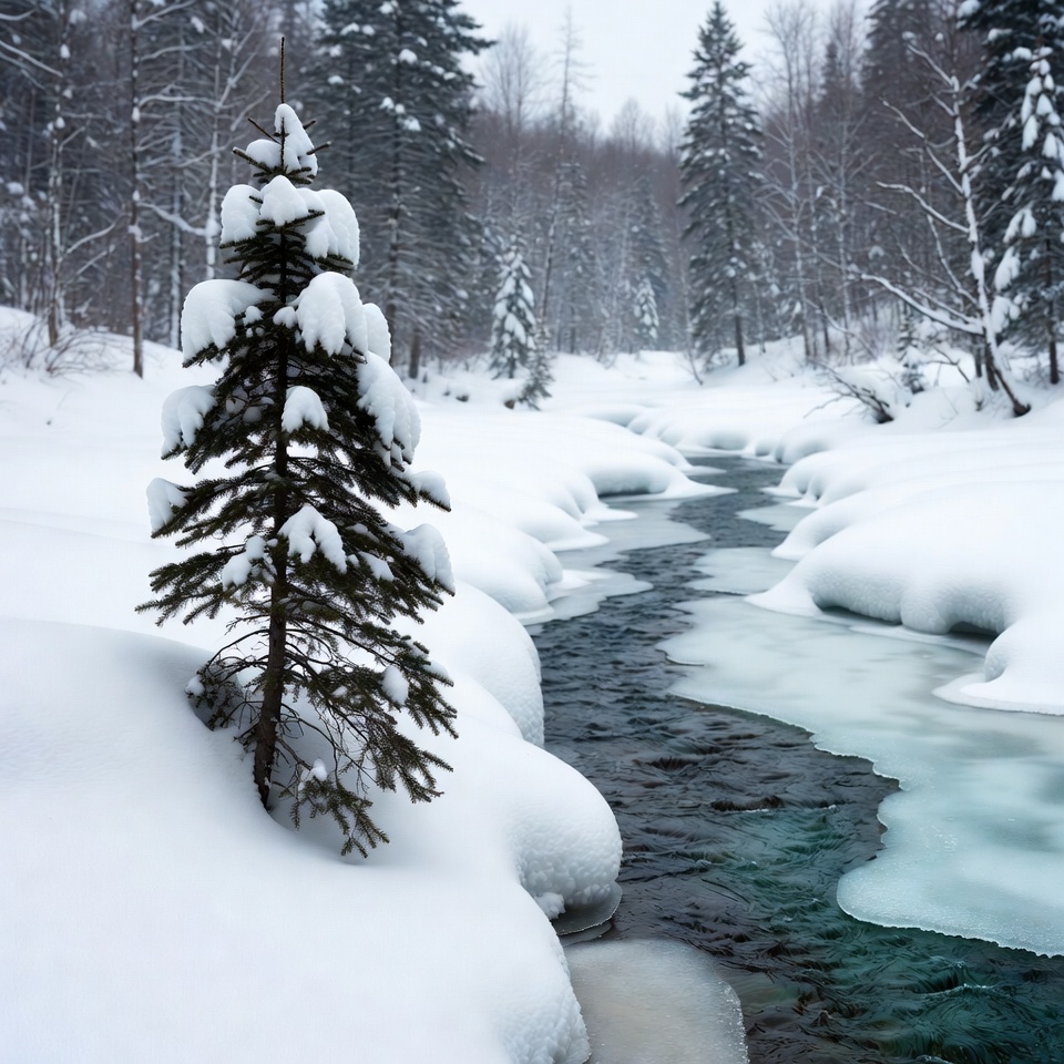 Snowy Fir Tree by Icy Forest Stream Snowy Fir Tree by Icy Forest Stream
