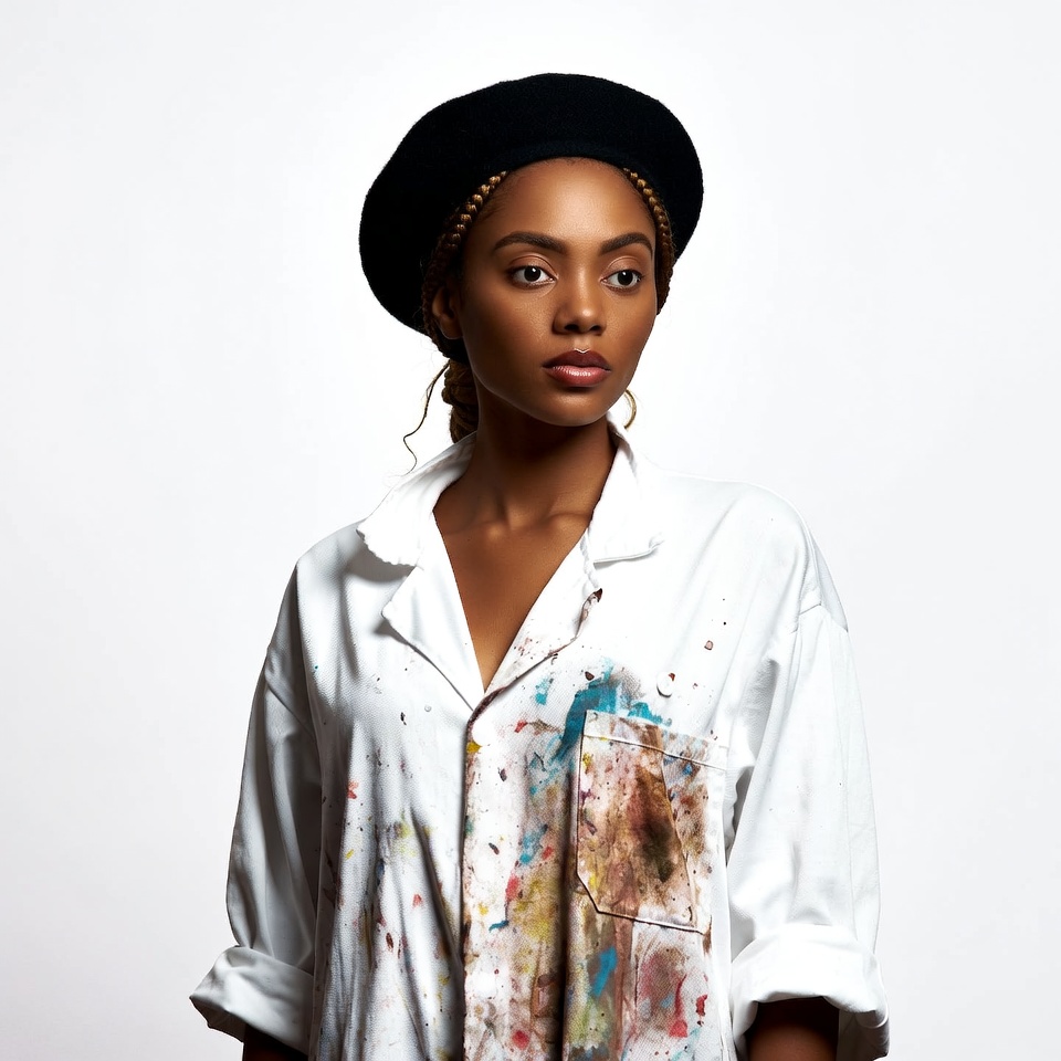 African-American woman in beret and paint-splattered shirt African-American woman in beret and paint-splattered shirt