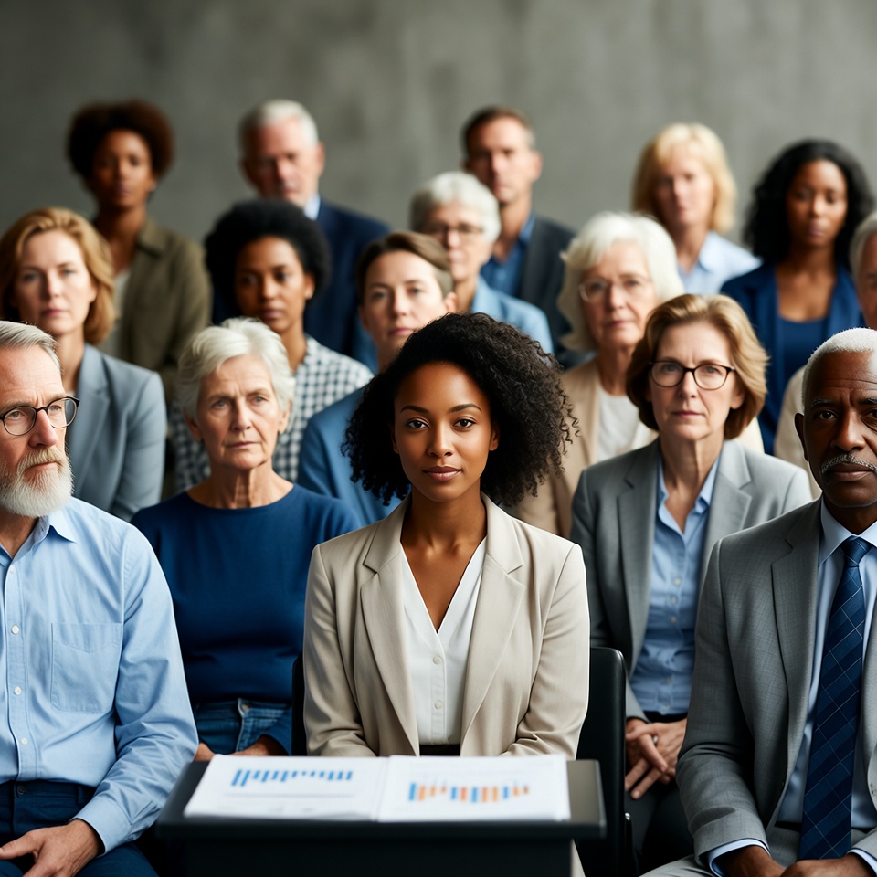 African-American woman presenting charts to diverse audience African-American woman presenting charts to diverse audience