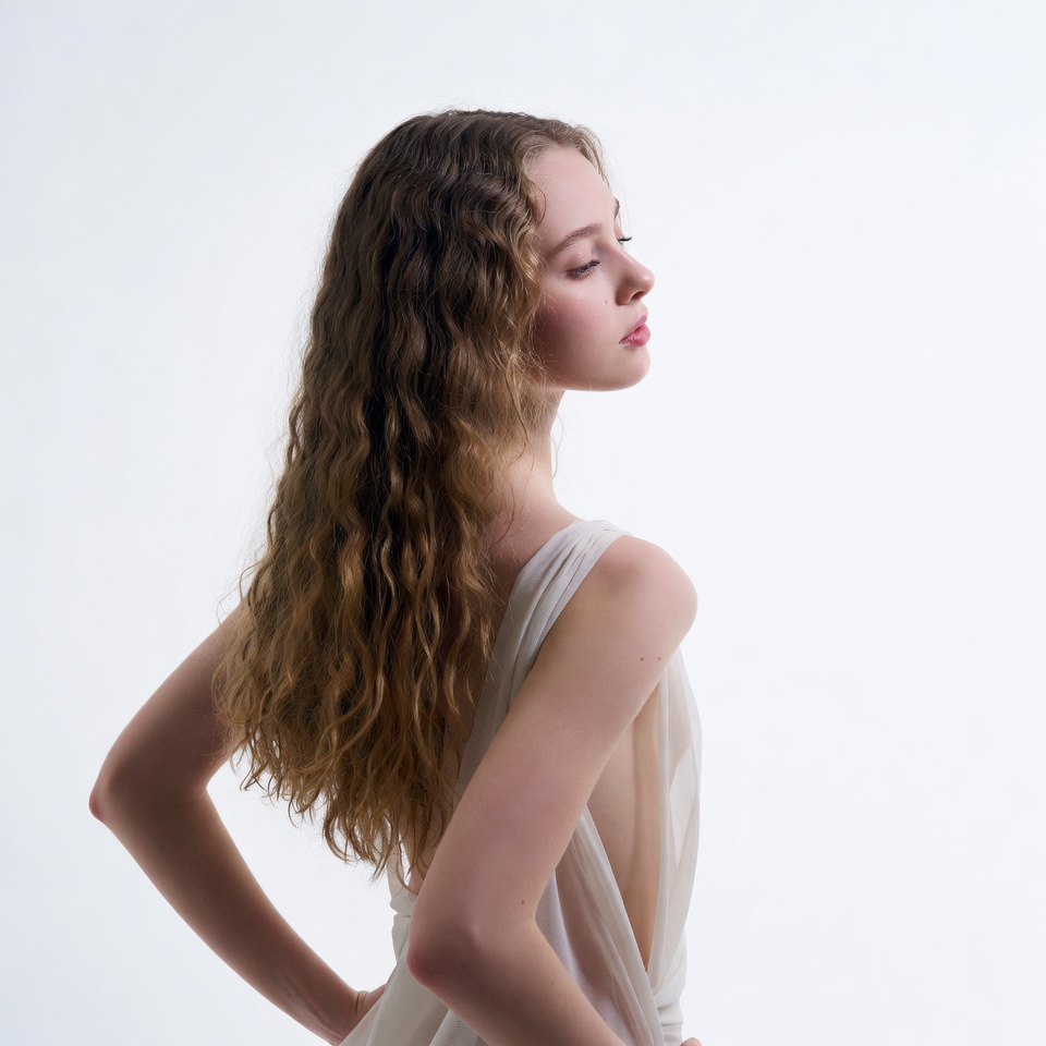 Side profile of woman in white draped dress Side profile of woman in white draped dress