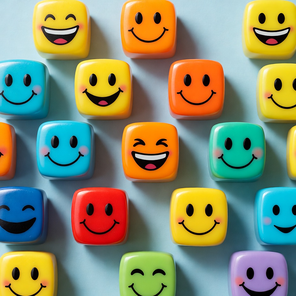 Colorful Smiley Face Dice on Blue Background Colorful Smiley Face Dice on Blue Background
