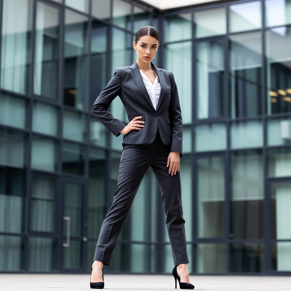 Business woman posing in front of glass building Business woman posing in front of glass building