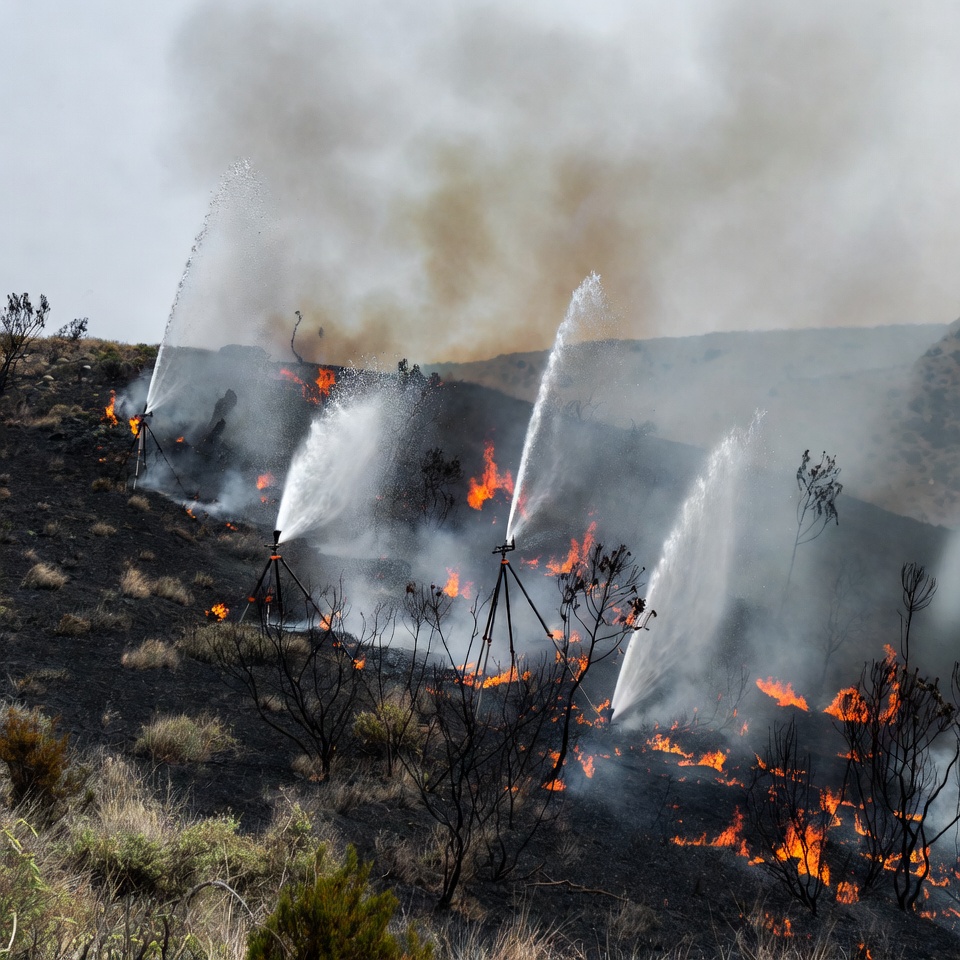 Firefighters spraying water on wildfire Firefighters spraying water on wildfire