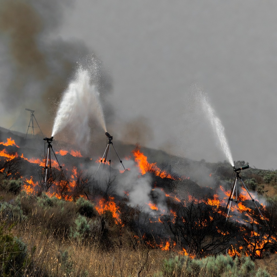 Water Cannons Fighting Wildfire on Hillside Water Cannons Fighting Wildfire on Hillside