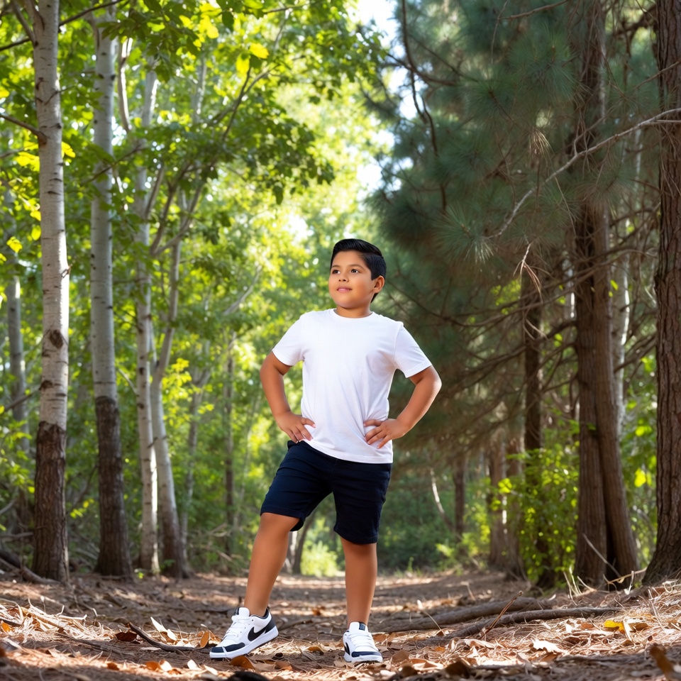 Latino boy posing confidently in forest Latino boy posing confidently in forest