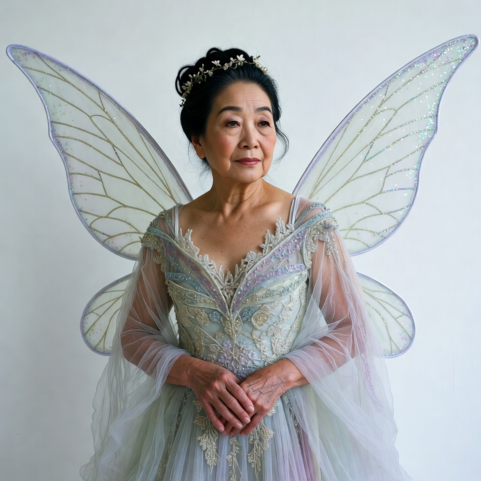 Elderly Asian woman with fairy wings Elderly Asian woman with fairy wings