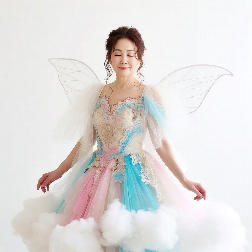 Woman in fairy wings dress with clouds Woman in fairy wings dress with clouds