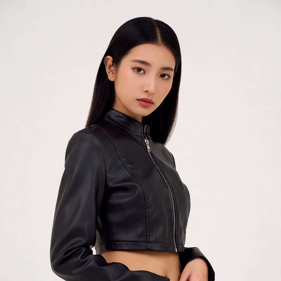 Asian woman in black leather crop jacket Asian woman in black leather crop jacket