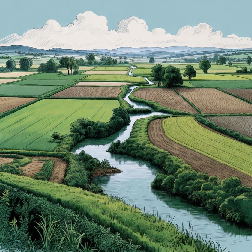 Winding River Through Farmlands Illustration Winding River Through Farmlands Illustration