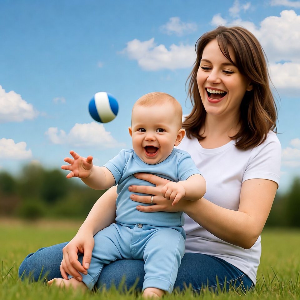 Mother and baby playing with ball outdoors Mother and baby playing with ball outdoors