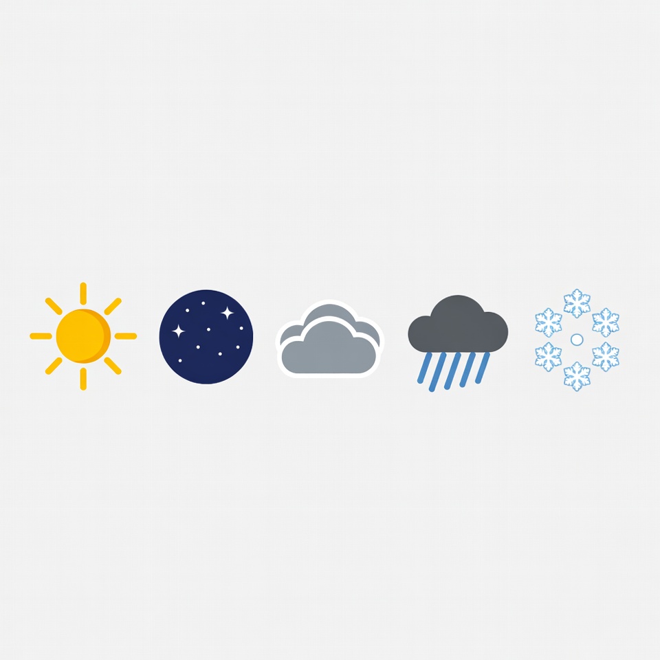 Four Weather Icons: Sun, Night, Cloud, Rain, Snow Four Weather Icons: Sun, Night, Cloud, Rain, Snow