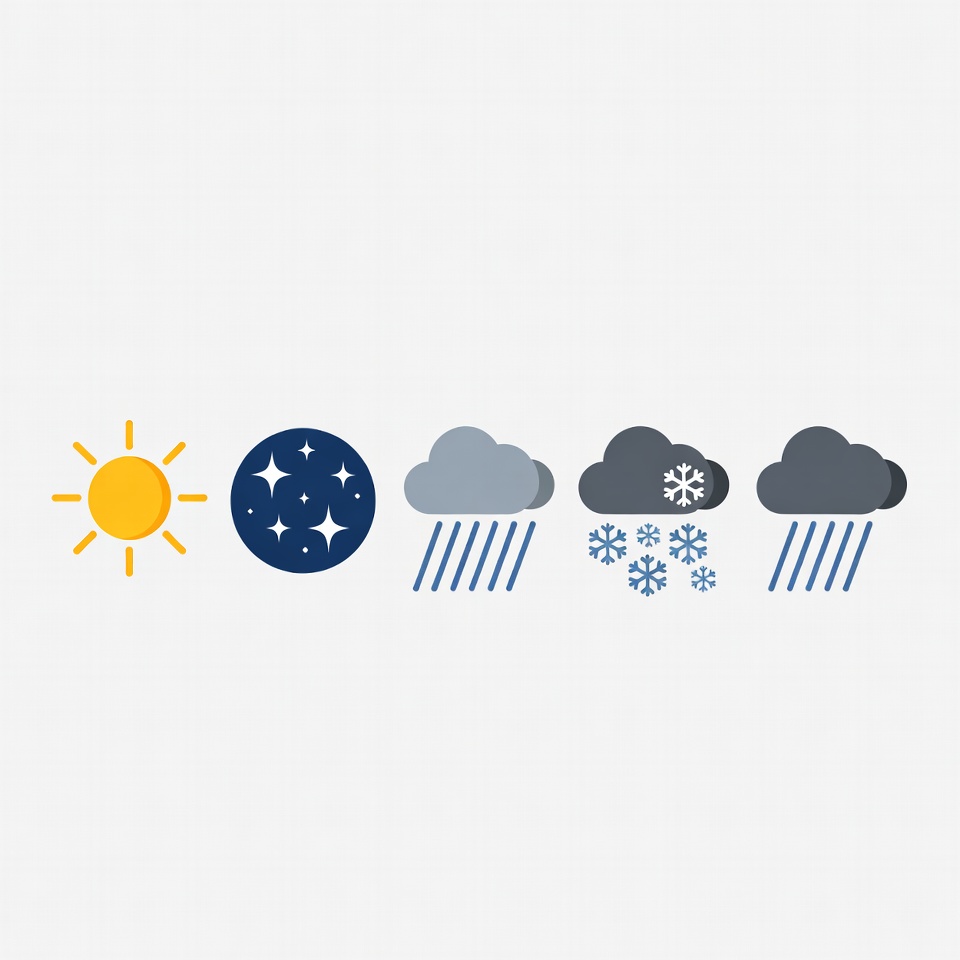 Weather Icons: Sun, Stars, Rain, Snow Weather Icons: Sun, Stars, Rain, Snow
