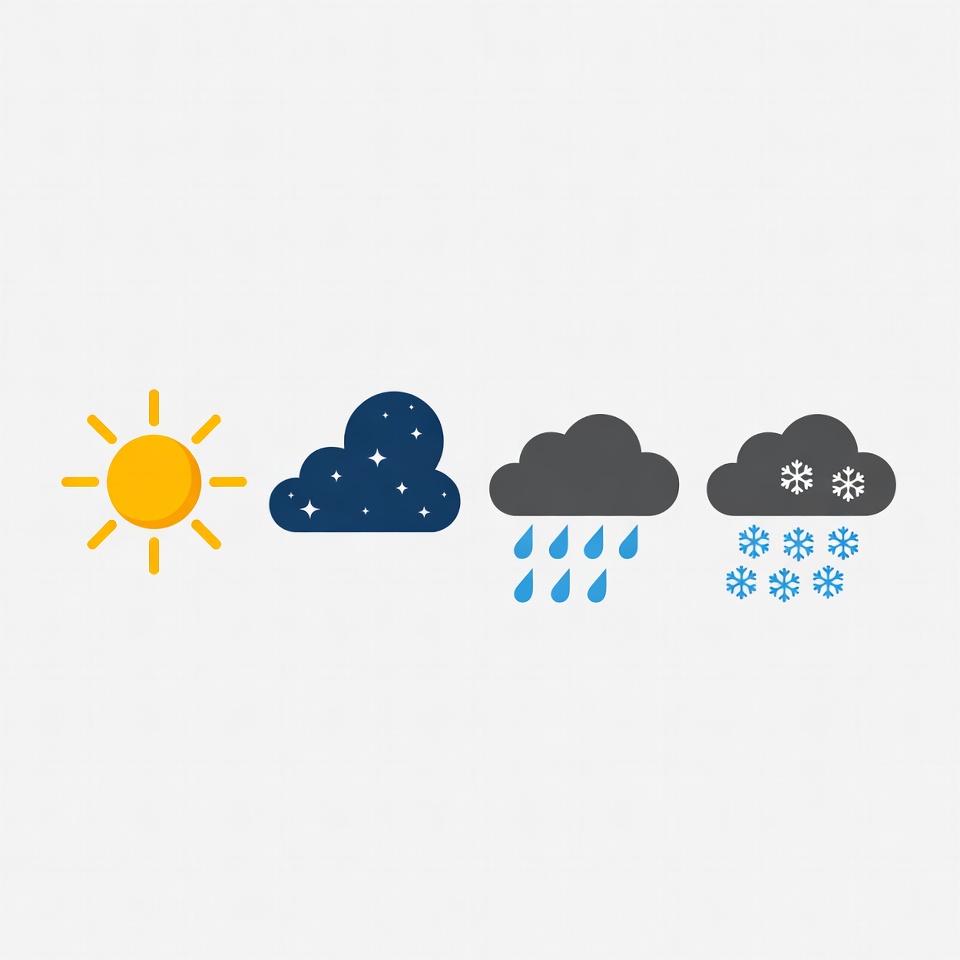 Weather Icons: Sun, Cloudy, Rain, Snow Weather Icons: Sun, Cloudy, Rain, Snow