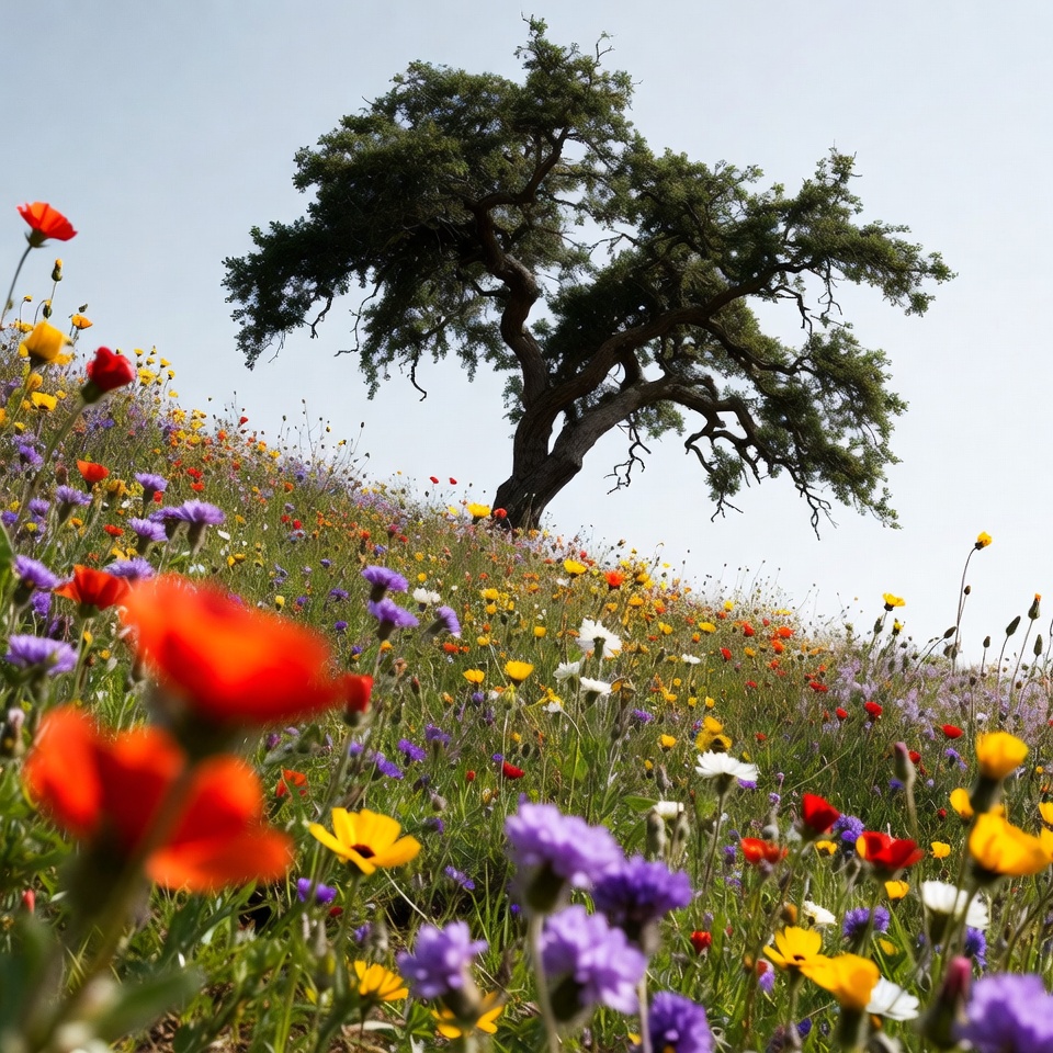 Large Oak Tree in Wildflower Meadow Large Oak Tree in Wildflower Meadow