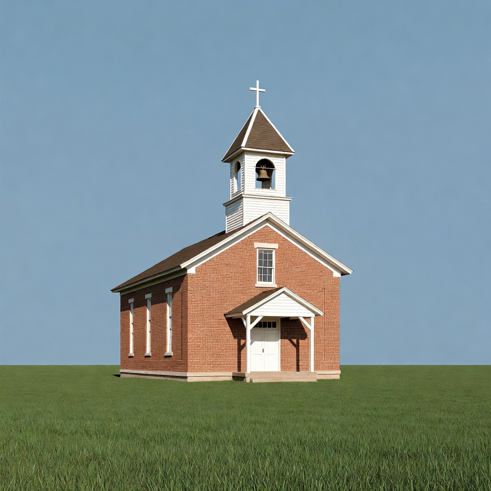 Brick Church with Steeple on Grass Brick Church with Steeple on Grass