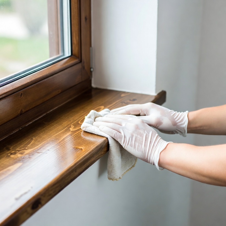 Woman cleaning window sill with cloth Woman cleaning window sill with cloth