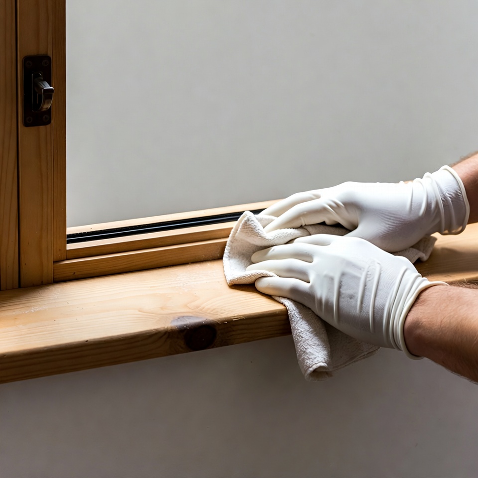 Man cleaning window sill with rag Man cleaning window sill with rag